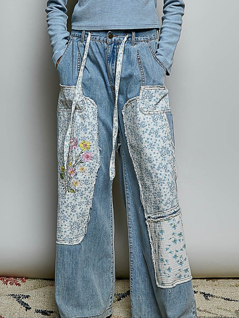 POL Floral Embroidered Patchwork Wide Leg Denim Pants Blue Multi